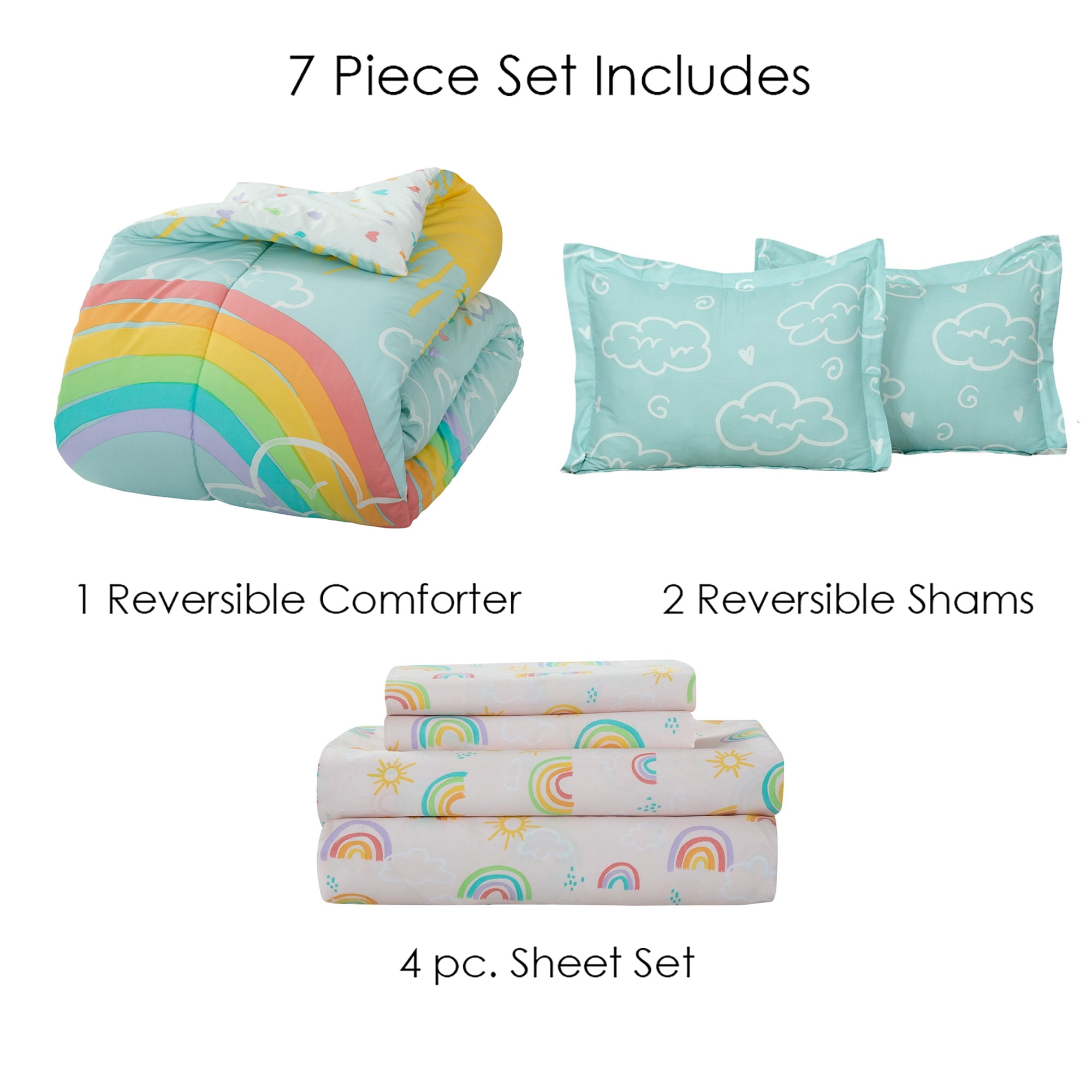 Full 7-Piece Comforter Set, Kidz Mix Rainbow Clouds Super Soft Bed in a Bag with Reversible Comforter and Sheet Set