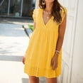 thumbnail image 2 of Kadahis Women's Summer Dresses V Neck 2023 Short Sleeve Casual Dress Swiss Dot Swing Flowy Ruffle Hem Mini Beach Summer Dresses, 2 of 5
