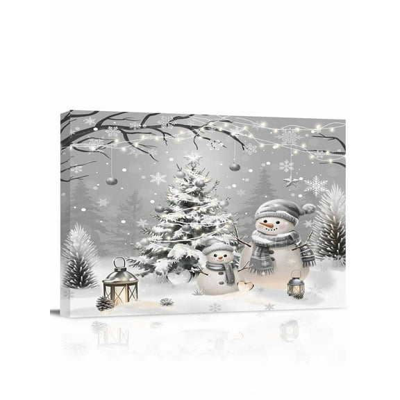 Grey Snowman Christmas Canvas Print Wall Art Xmas Tree Snowflake Balls Winter Pictures Painting Morden Artwork for Living Room Bedroom, Ready to Hang - 12"x16"