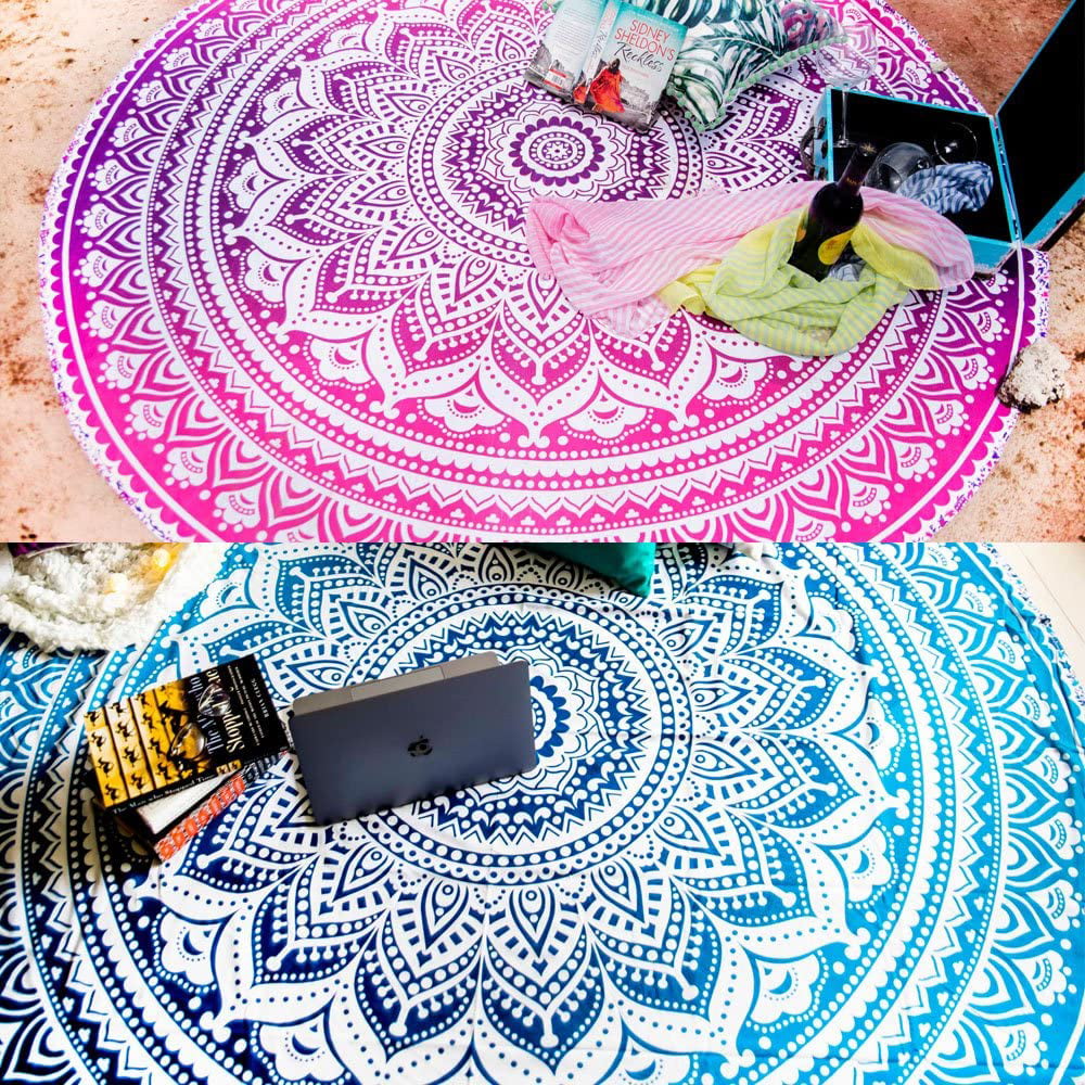72" Indian Ombre Round Mandala Cotton Tapestry Beach Throw Yoga Mat Rug Blanket 