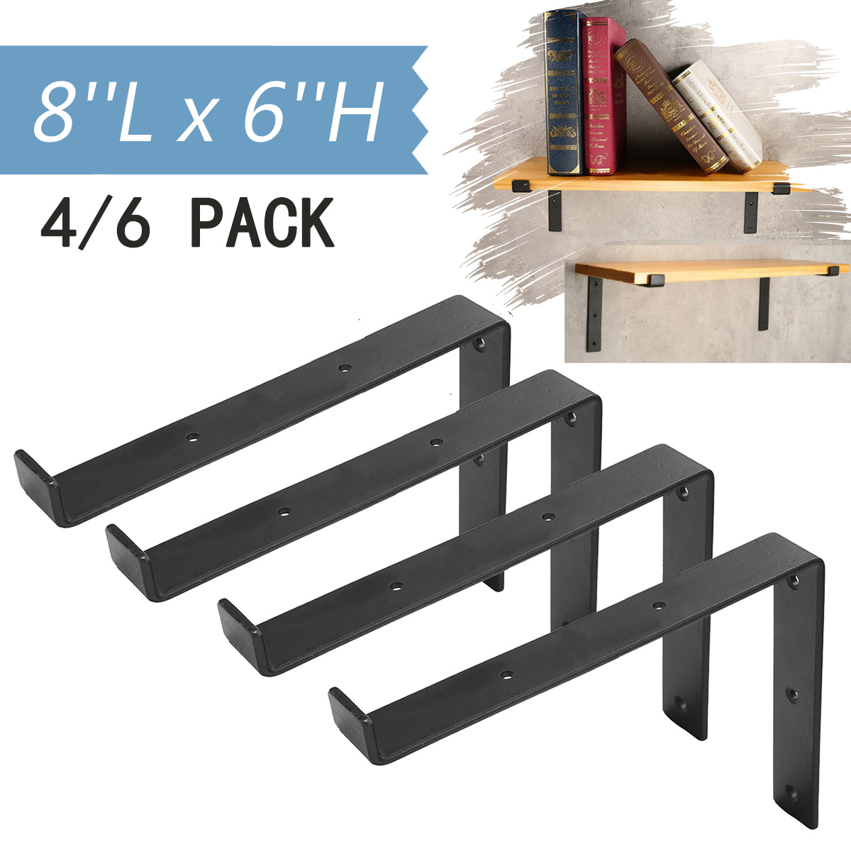 Set Of 4 6 Shelf Brackets Heavy Duty Black Wall Bracket For Floating Shelves Rustic Iron Metal Shelf Bracket For Diy Open Shelving Hardware Included Walmart Com Walmart Com