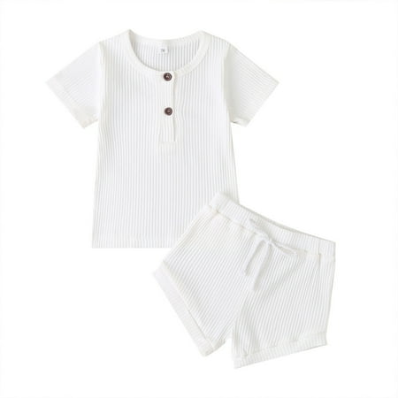 

GAQLIVE Button Toddler Baby Stripe Girls Short Sleeve Outfits Tops+Shorts Boys Solid Set Girls Outfits&Set Cozy Kids Suit