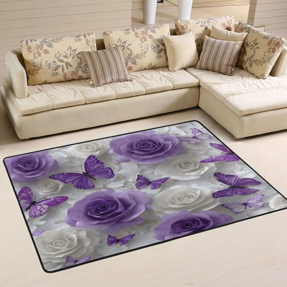 Area Rugs 36"x24" Indoor Non-Slip Wear Resistant Floor Mats Soft Large Carpets for Living Room Bedroom Home Decor Washable Rug Purple Butterflies and White Roses