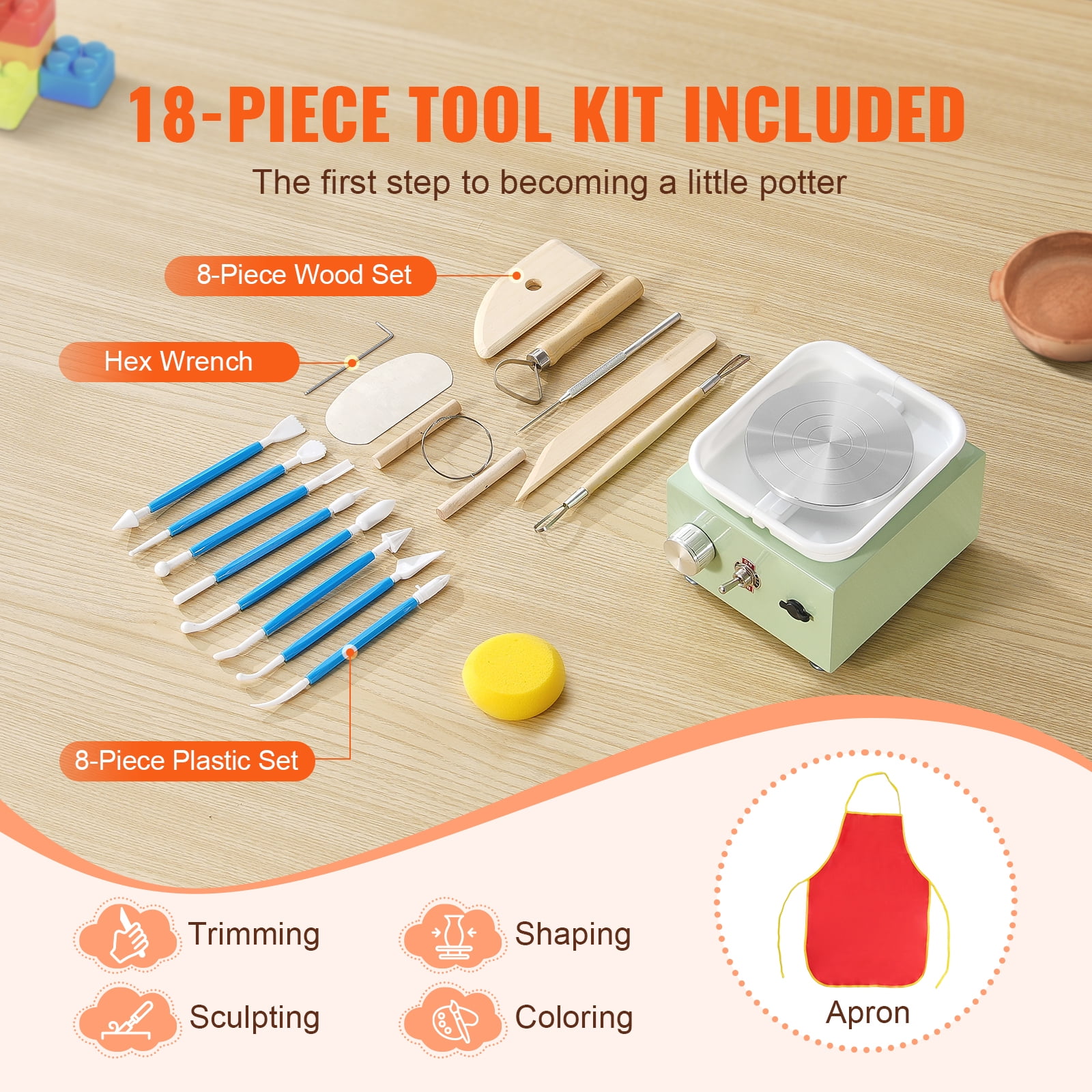 KFFKFF Compact Clay Wheel, Speed Range 0-320RPM with Removable Tray, 2.56in/3.94in Dual Electric Ceramic Disc Machine, 18-piece Tool Set, Ideal for Artistic Creations and Home Projects, Green
