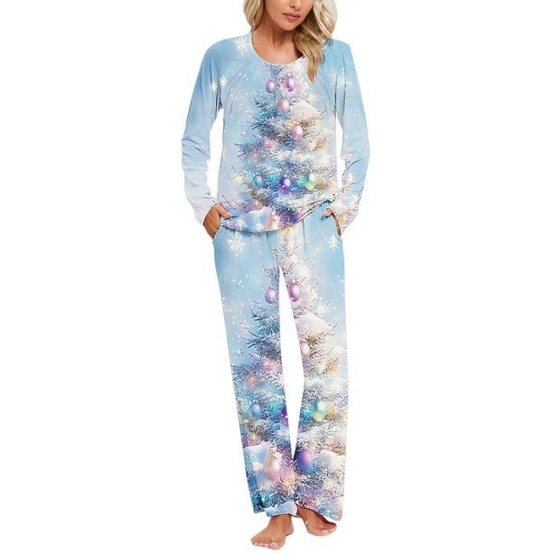 Puntoco Conjunto de pijama cómodo para mujer, con estampado navideño, cuello redondo, bolsillo, pantalones, ropa de casa, pijama