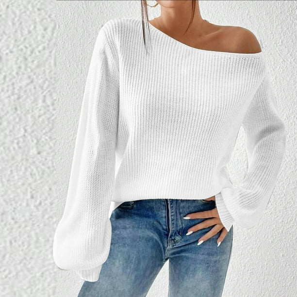 Suéter de cuello redondo para mujer, suéter holgado de punto con hombros descubiertos para otoño e invierno, suéter de cuello redondo para ropa de abrigo, blusa para mujer