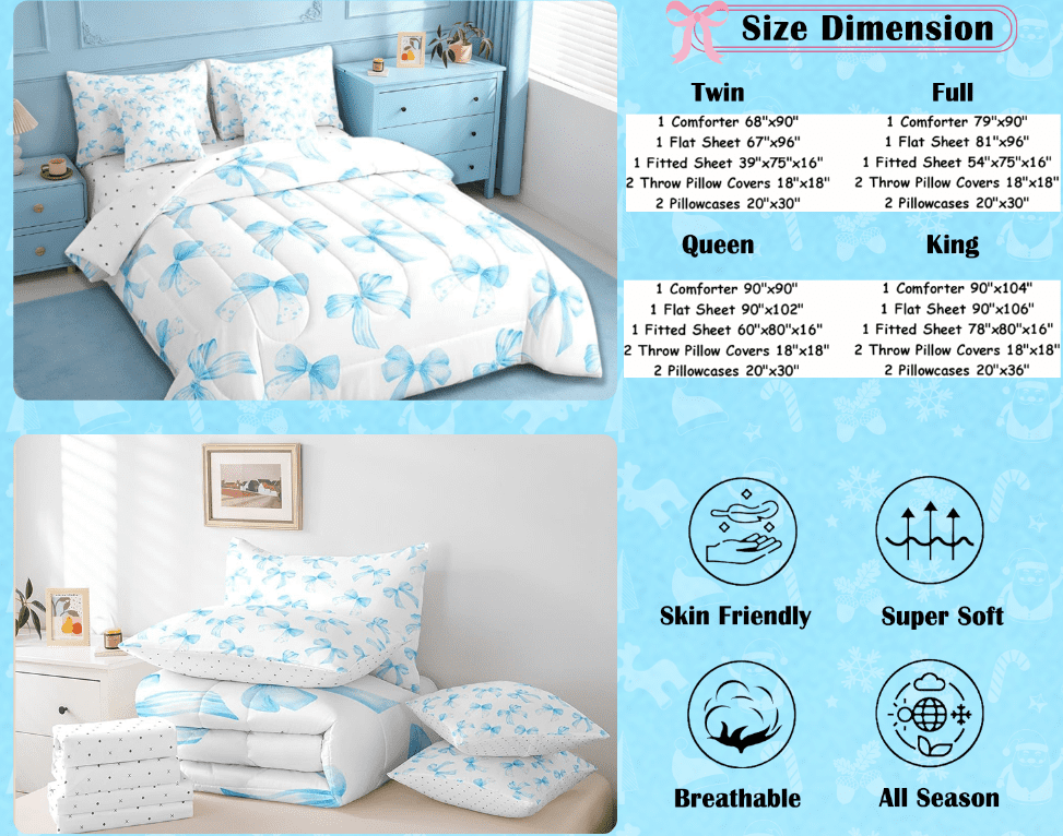 Manfei Sky Blue Bow 7 Pieces Bedding Comforter Set For Kids Girls,Cute Dreamy Princess Style Full Bedding Set Bow Pattern Comforter Reversible