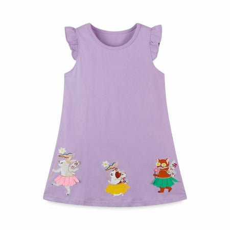 

Baby Girls Summer Cotton Dress Round Neck Flying Sleeve Dresses Cartoon Printing Solid Color Dress
