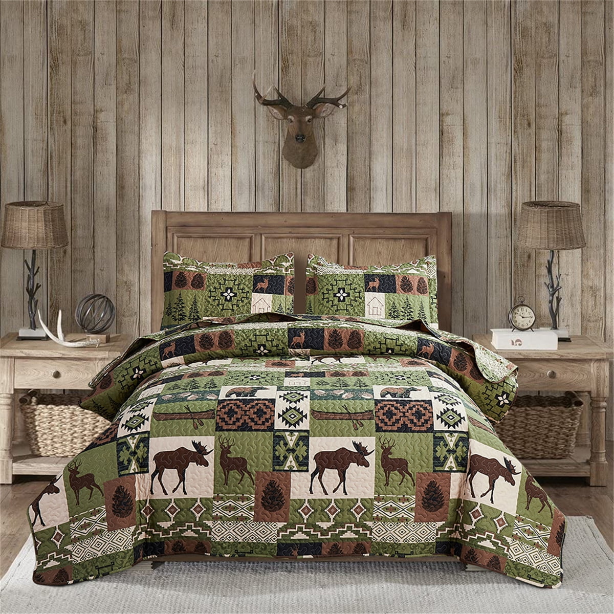 Reversible Home Rustic Bedding Lodge Moose Bear Quilt Set Full/Queen Size,3 Pcs 