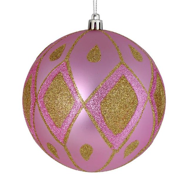 Vickerman N188079D 4 in. Pink Matte Ball Ornament with Glitter Diamond Pattern 4 per Pack
