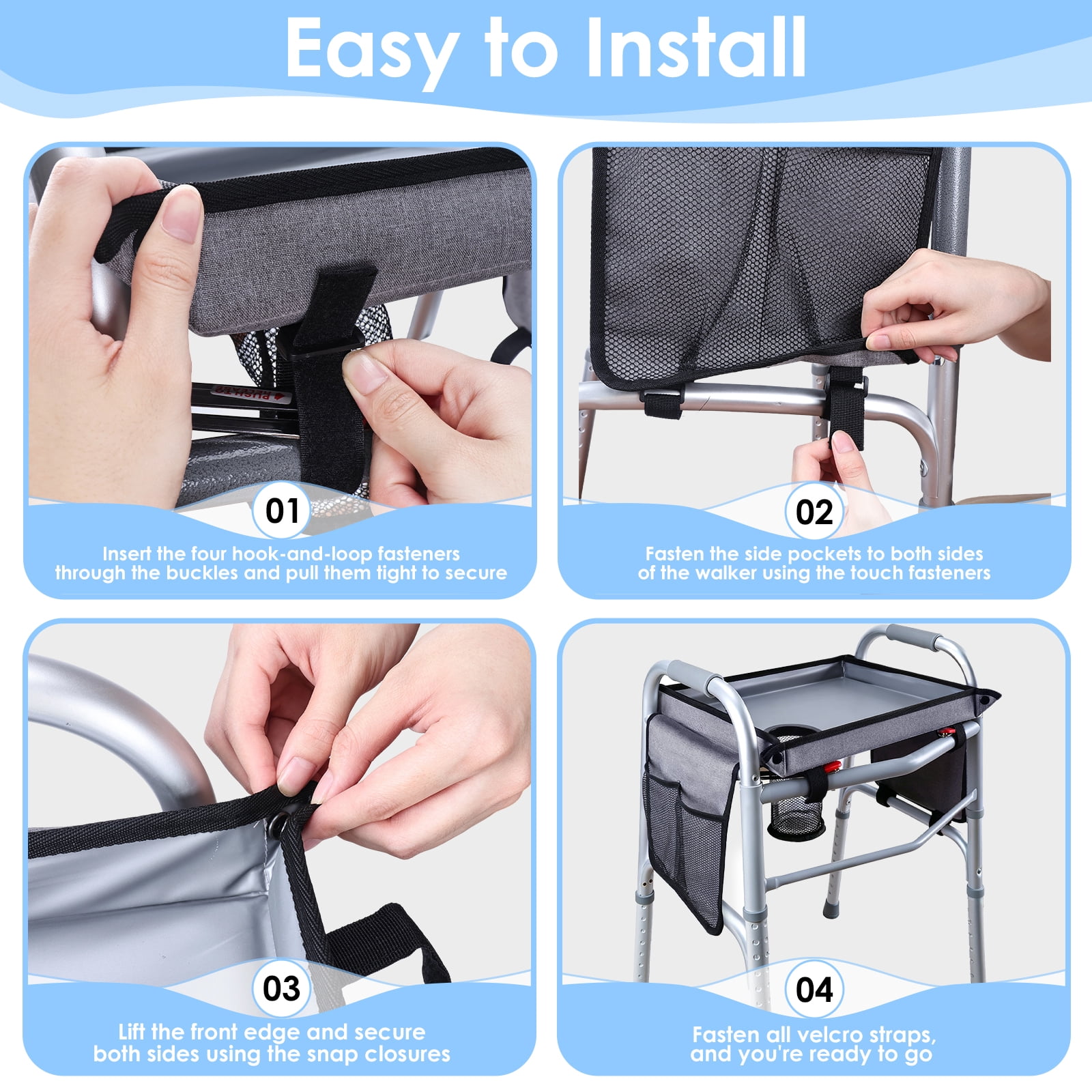 Walker Tray with Cup Holder & Side Pocket – Hard Top Walker Table for Seniors – Folding Walker Accessory for Meals, Reading, Drinks – Non-Slip Surface, Tool-Free Install, Universal Fit