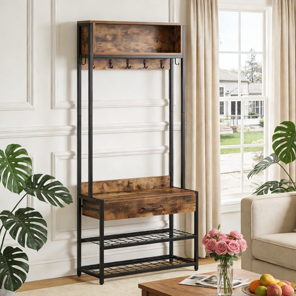 Fnova Entryway 71" Storage Rack with 9 Hooks, Drawer & Top Shelf, Industrial Organizer Cabinet Clothes Rack Coat Rack Hall Tree For Hallway, Entryway, Bedroom, Easy Assembly
