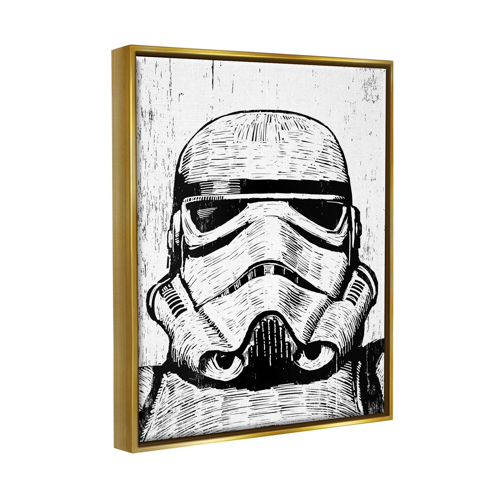 Stupell Industries Black and White Star Wars Stormtrooper Distressed Wood Etching Metallic Gold Framed Floating Canvas Wall Art, 16x20, by Neil Shigley