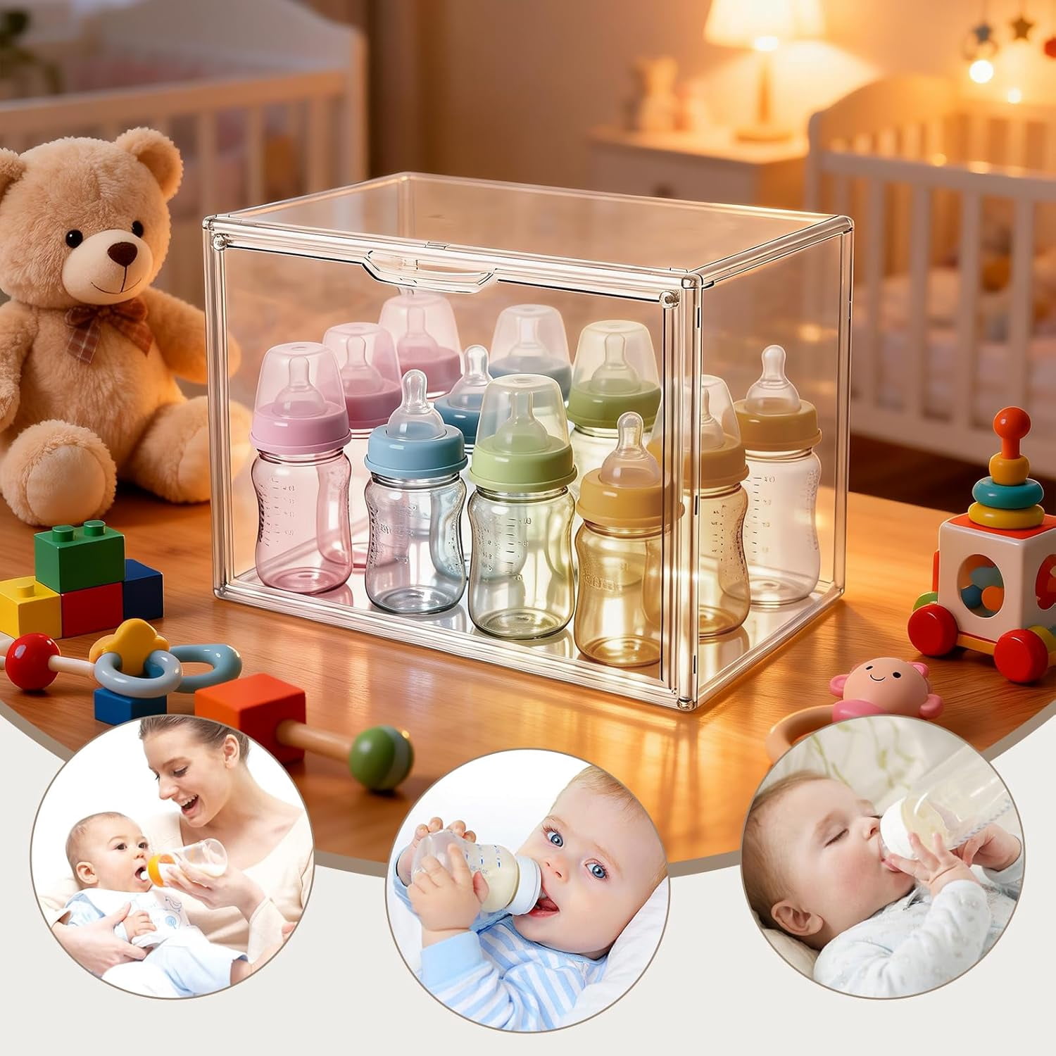 Baby Bottle Organizer, Stackable Clear Cabinet And Countertop Storage Bin With Magnetic Door For Bottles, Pacifiers And Pump Parts, Clear