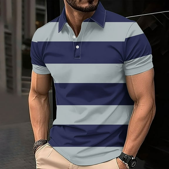 FITORON Mens Breathable Polo Shirt, Casual Button Print Summer Collared Men's T Shirt Navy