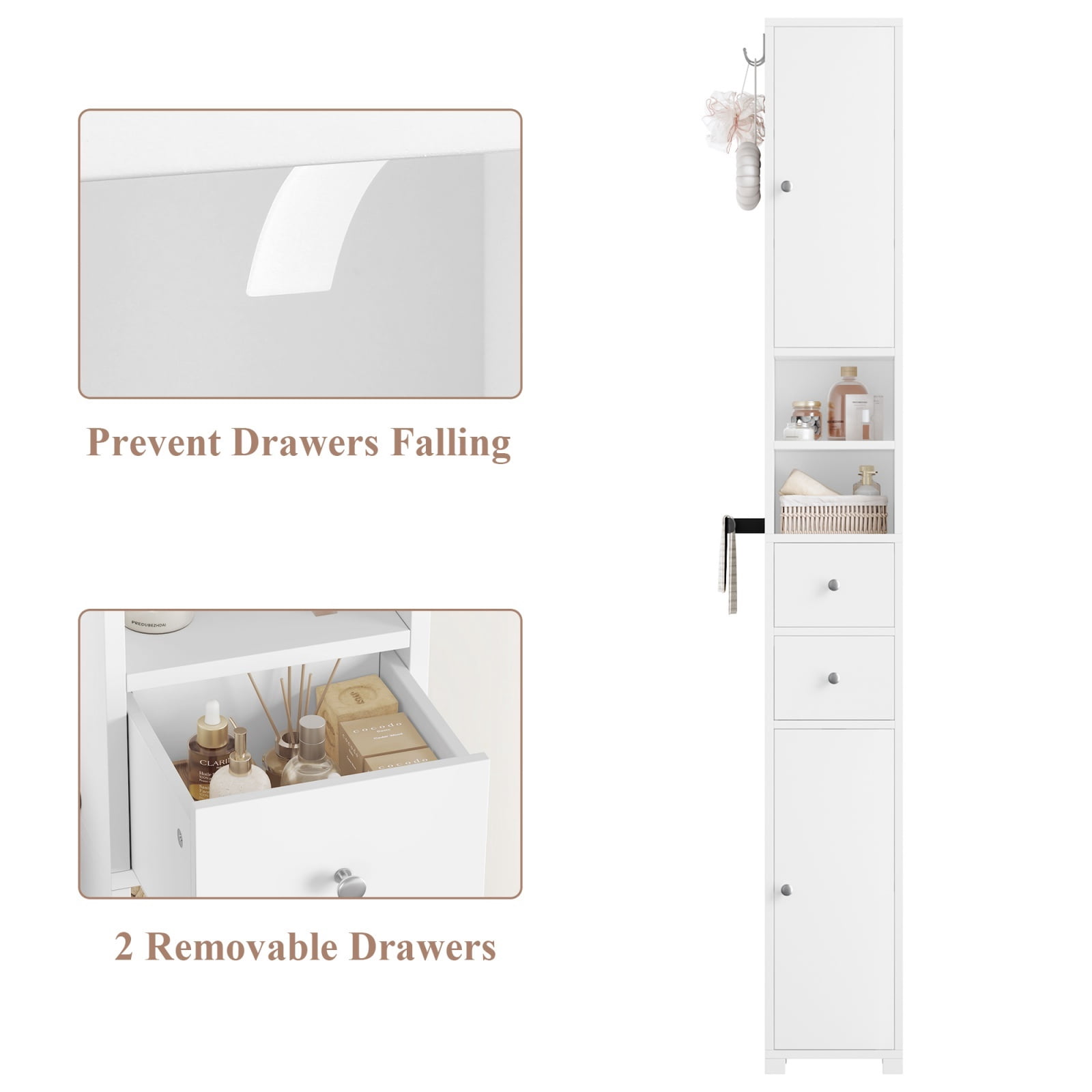Homfa 71" Tall Bathroom Storage Cabinet with Adjustable Shelves, 2 Doors & Drawers Bathroom Storage Tower with Hooks & Paper Towel Holder, Freestanding Narrow Cabinet for Small Spaces, White