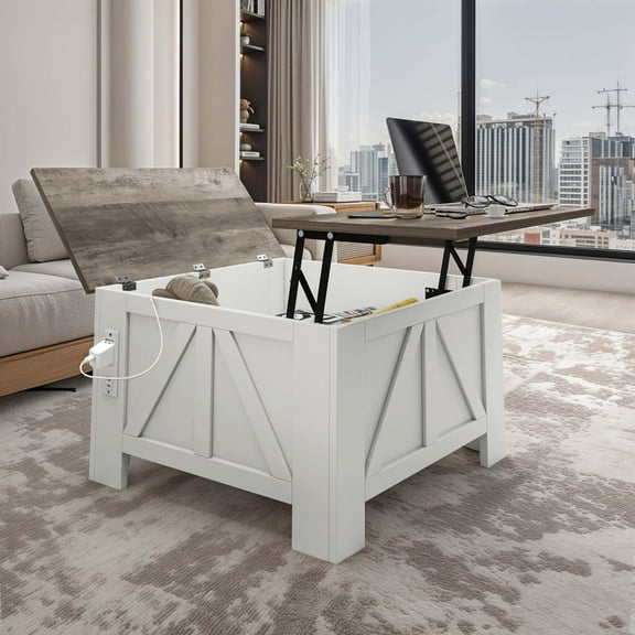 Uforic White Rustic Lift-Top Coffee Table with Storage, Power Outlets & USB Ports for Living Spaces, Bedrooms, and Home Workspaces