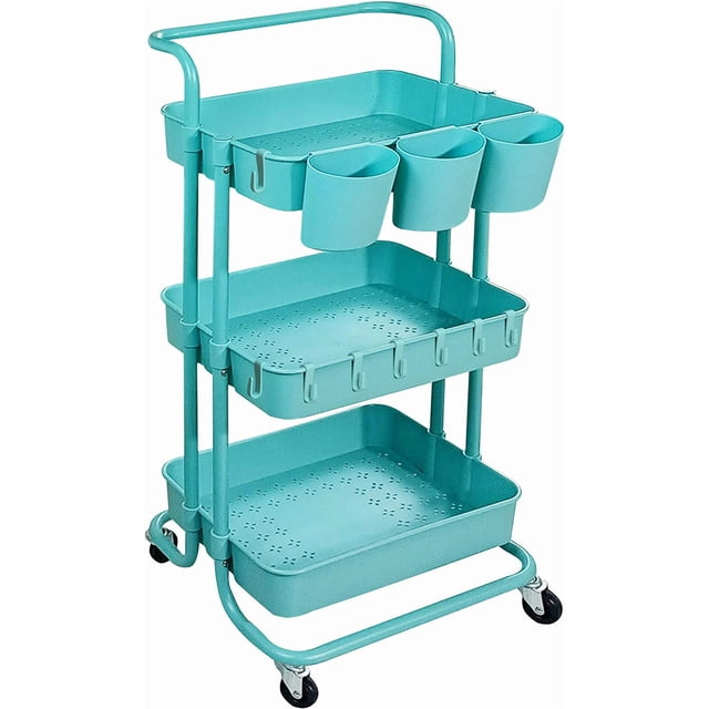 3 Tier Rolling Utility Cart Multifunction Storage Organizer Shelf Rack with Lockable Wheels 3PCS Cups and 8PCS Hooks for Home Office Kitchen Bathroom Store (Blue)
