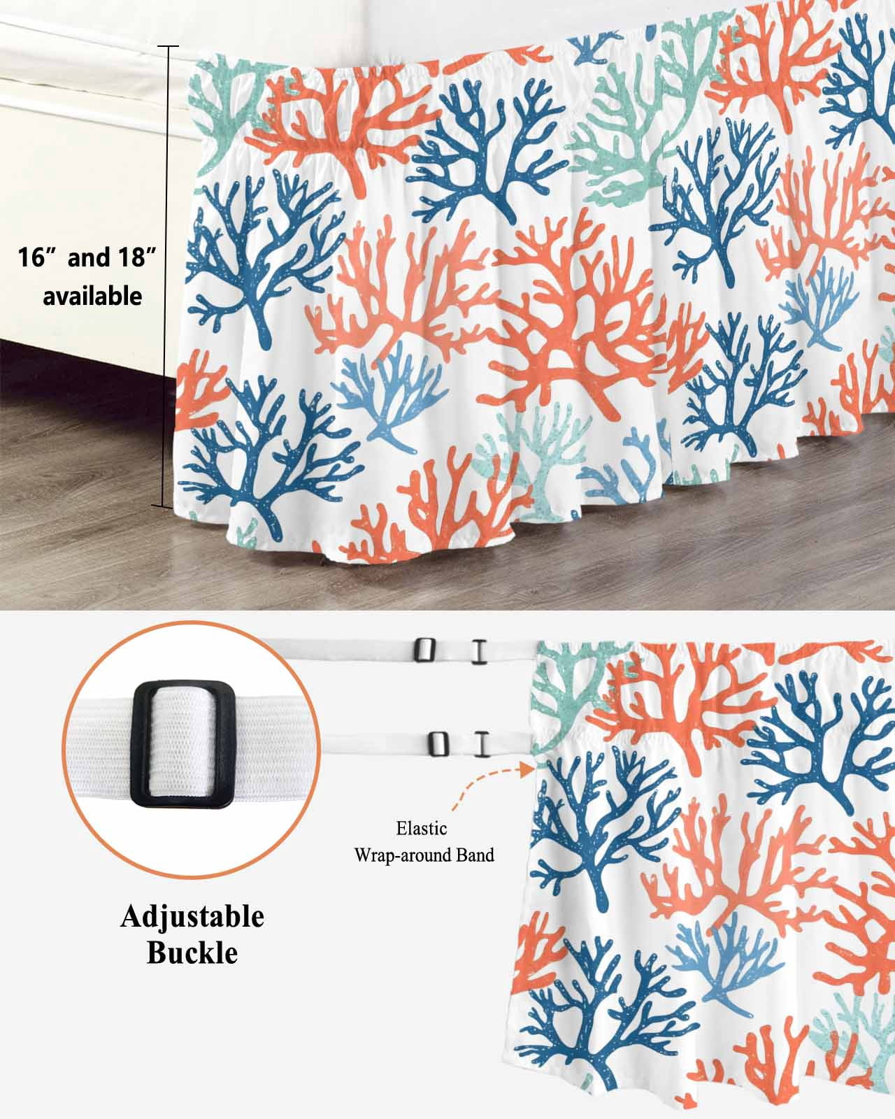 Orange Blue Coral Wrap Around Bed Skirts for Queen Bed 16" Drop,Bed Skirt with Adjustable Elastic Belt Dust Ruffle Bed Valance for Bedroom Hotel Green Gradient Coastal Ocean Color Bed Frame Cover