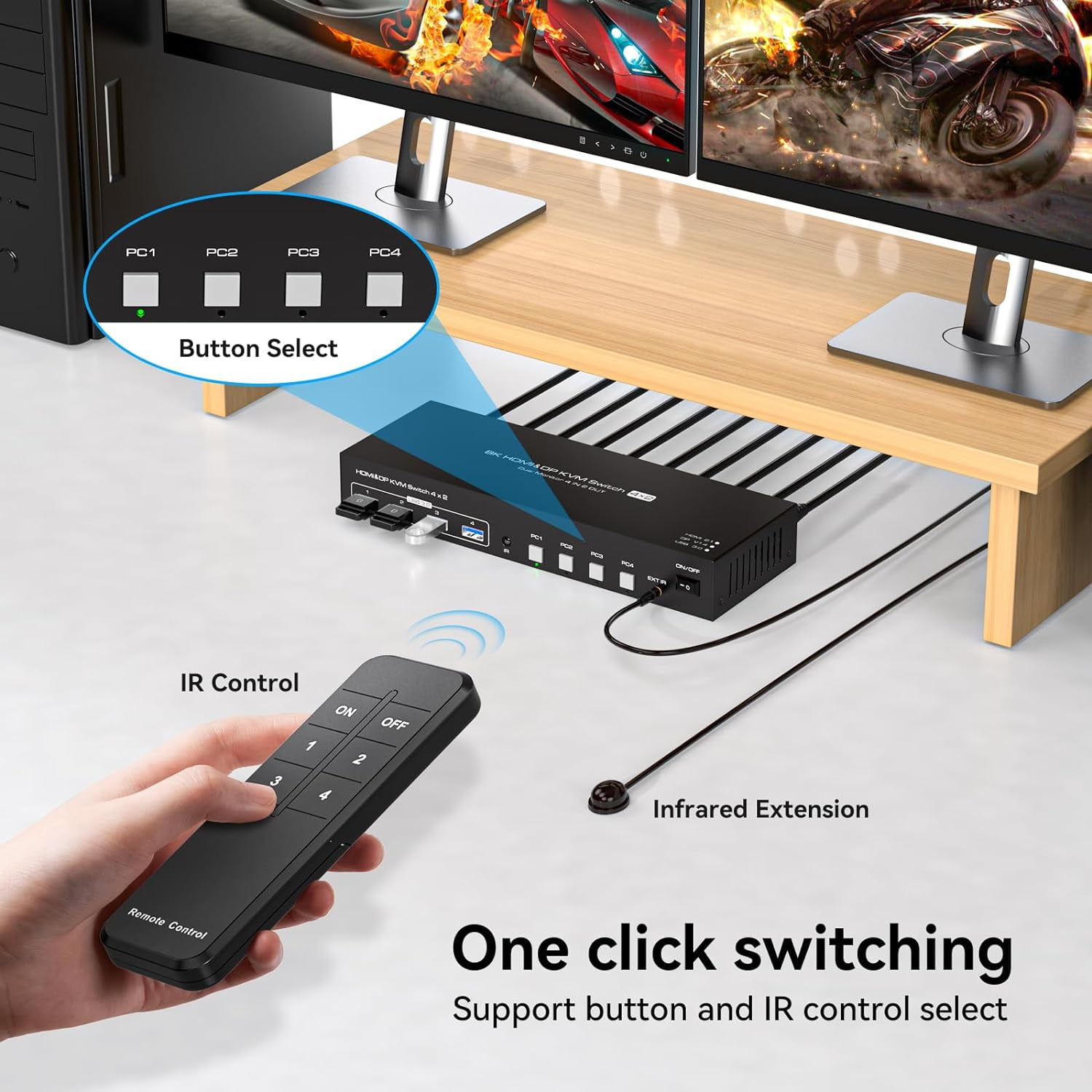 AUBEAMTO Dual Monitor HDMI+DP KVM Switch 4 Computers 2 Monitors 8K@60Hz 4K@120Hz 4 Port KVM Switches for 4 PC Share 4 USB 3.0 Devices Support Copy and Extend Mode, Remote Control and Power Adapter