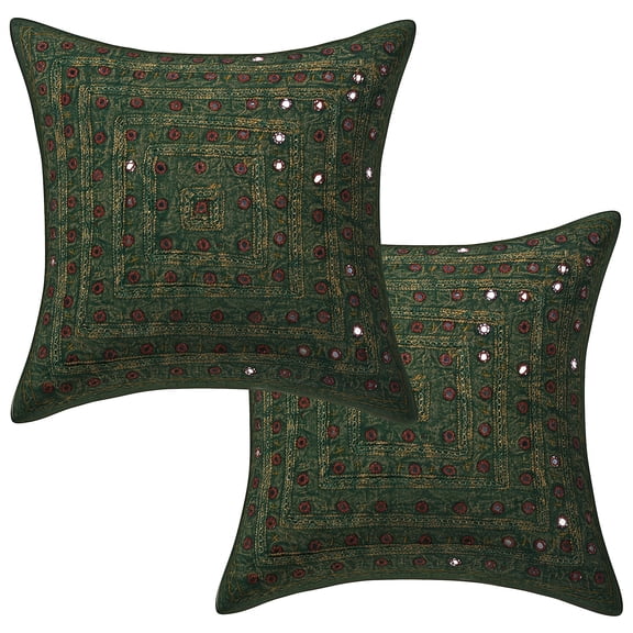 Stylo Culture Ethnic Decorative Throw Pillow Covers 16x16 Embroidered Mirror Lace Green Bohemian 40 x 40 cm Lounge Decor Cotton Geometric Square Cushion Covers | Set Of 2
