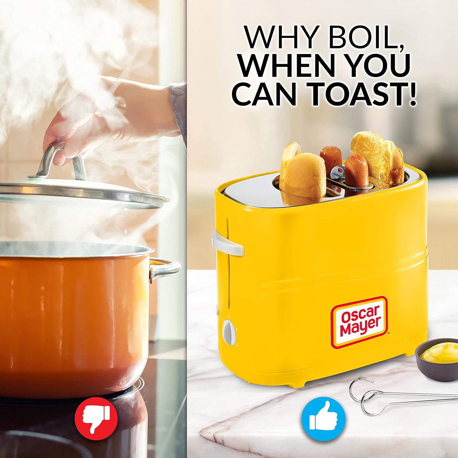 Nostalgia 2-Slot Oscar Mayer Bun and Hot Dog Toaster with Removable Hot Dog Cage and Mini Tongs, Yellow