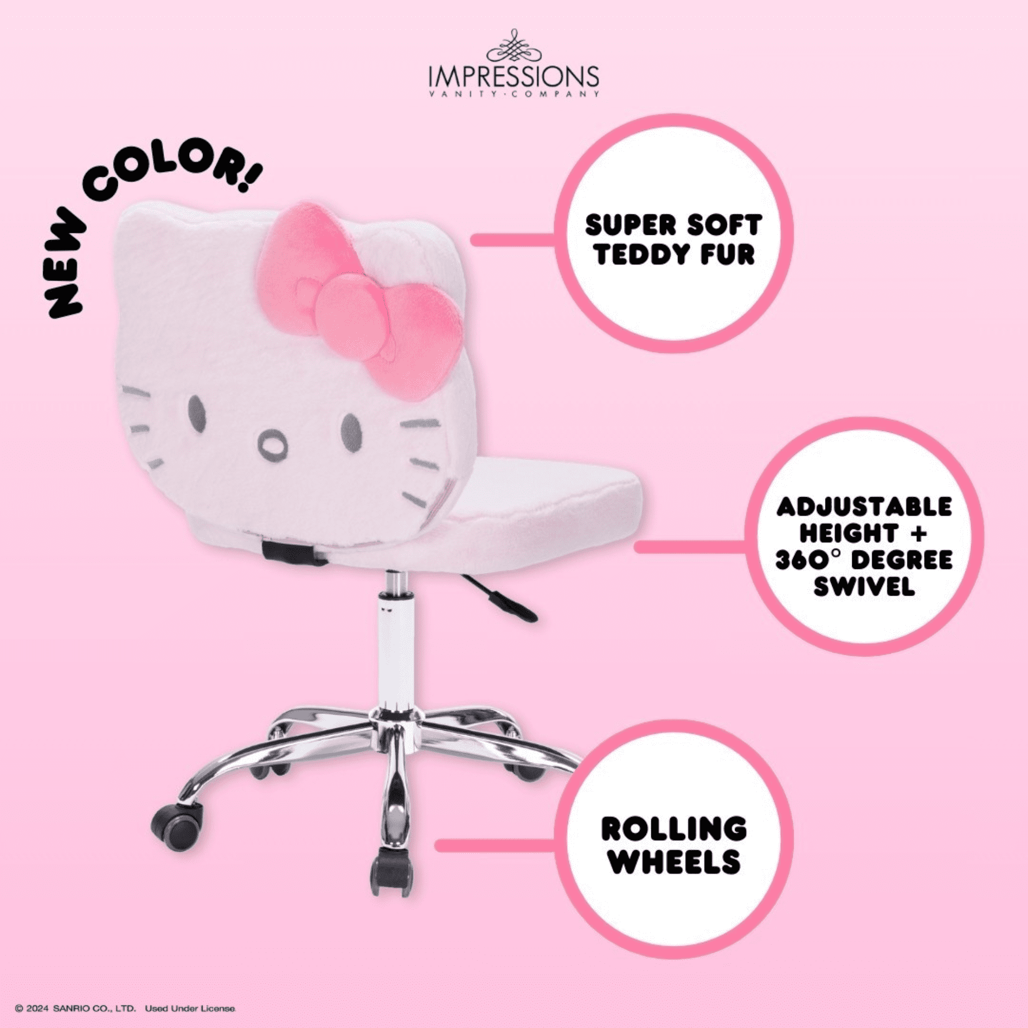 Impressions Vanity Hello Kitty Teddy Fur Swivel Vanity Chair with 360 Degree Rolling Wheels (Pink)