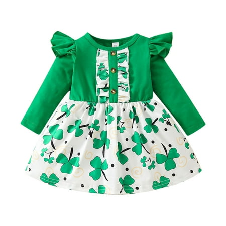 

ZMHEGW Baby Girls Patrick S Day Long Sleeve Four Leaf-Clover Printing Cute Dress Casual Fashion Clothing