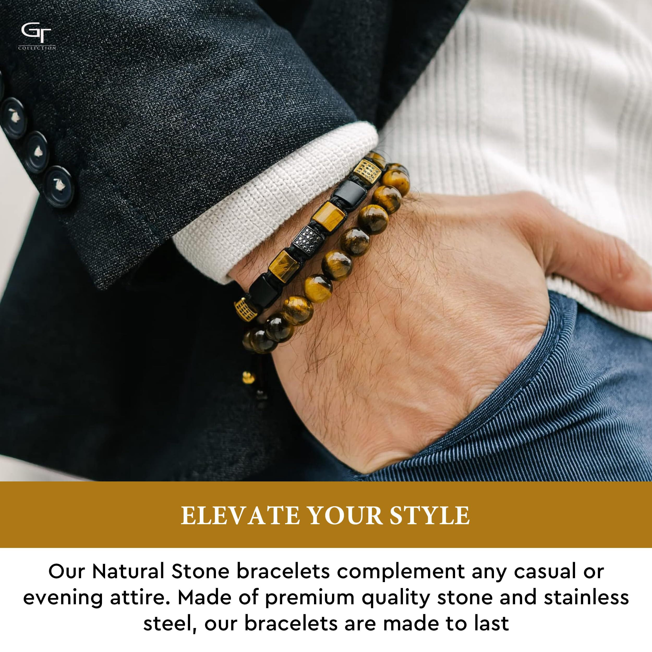 Men's Tiger Eye, Black Onyx Flat Bead Bracelet | Gift for Men | One Size Fits All | 100% Natural | Gemstone Adjustable Bracelet