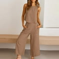thumbnail image 4 of Casual Linen Outfits for Women 2 Piece Sets Summer Travel Outfits Sleeveless Crop Tops and Wide Leg Capris Pants Sets Trendy 2025 Matching Clothing, 4 of 9