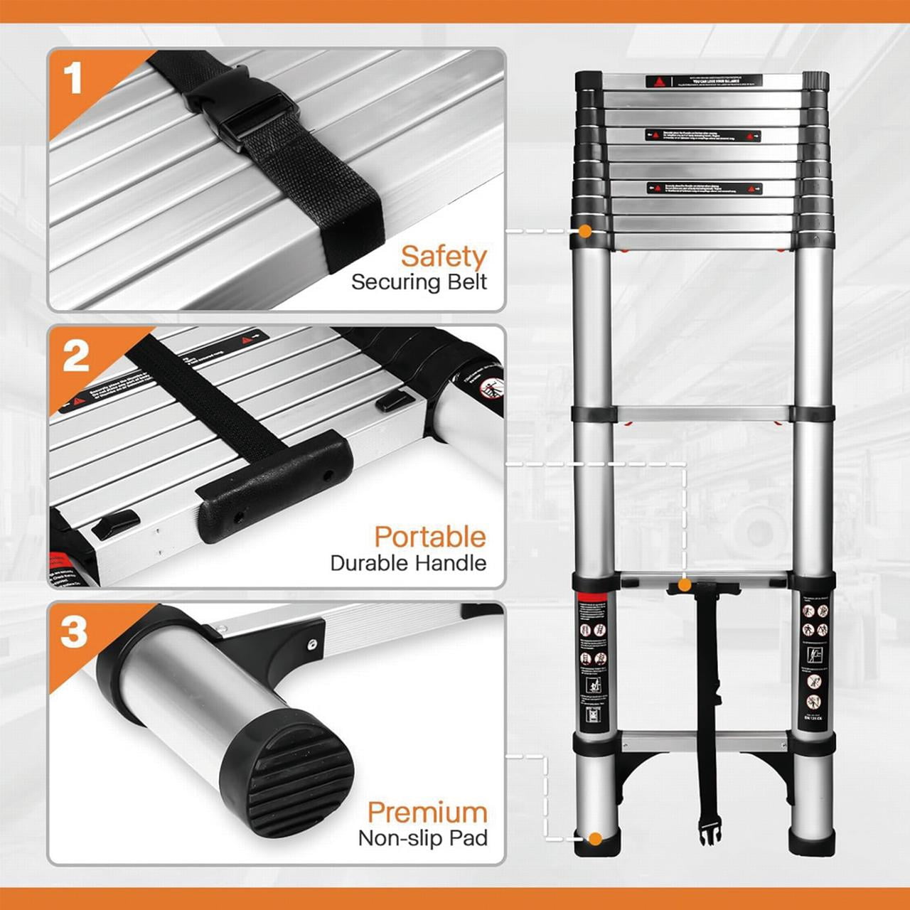 BOWEITI 8.5FT One-button Retraction Stainless Steel Telescoping Extension Ladder, Heavy Duty 330lbs Max Capacity, Multi-Purpose Collapsible Ladder for RV or Outdoor Work