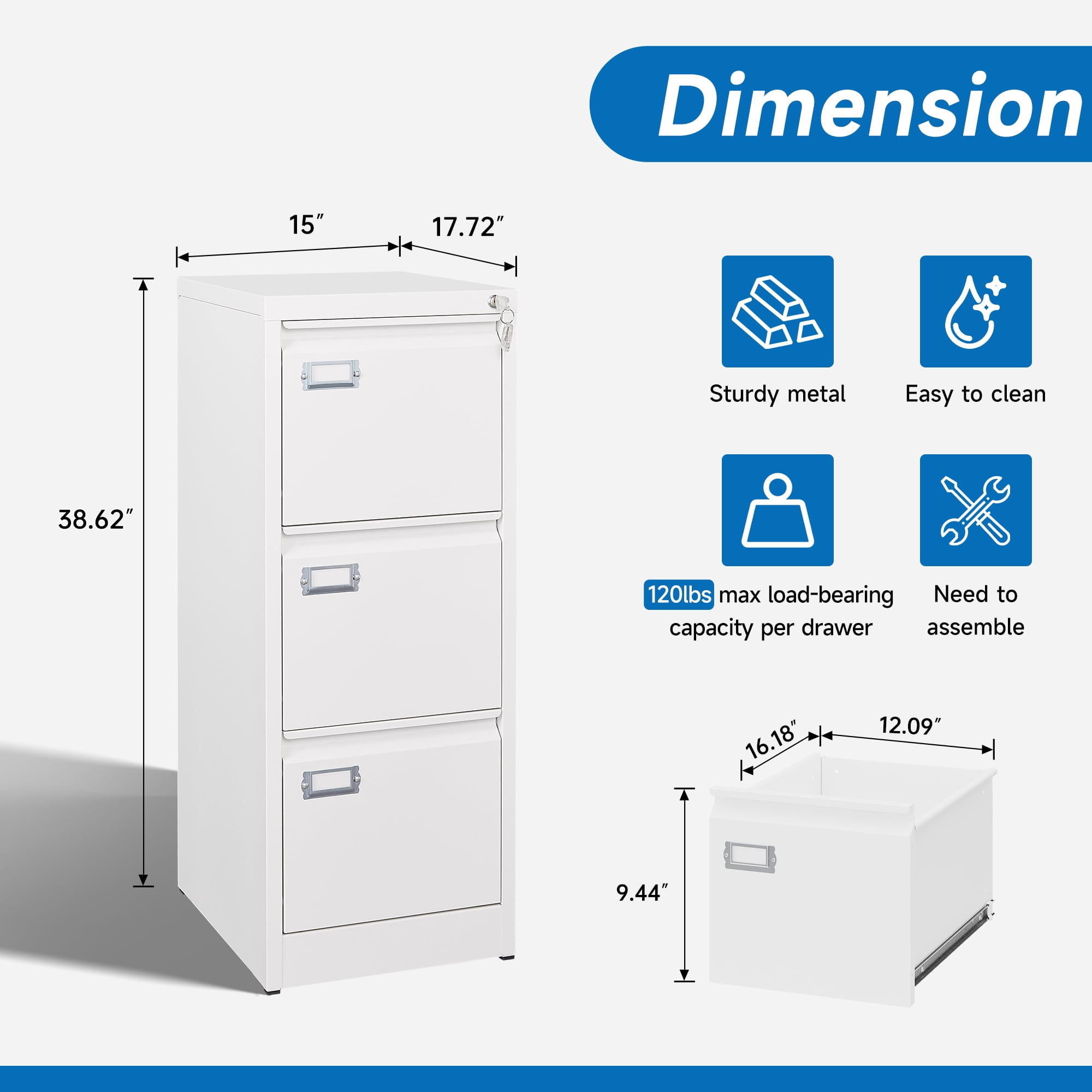 Fesbos 3 Drawer File Cabinet with Lock, File Cabinets for Home Office,18" Deep Vertical Metal White File Cabinet Office Storage Cabinet Organizer for Letter/Legal / A4