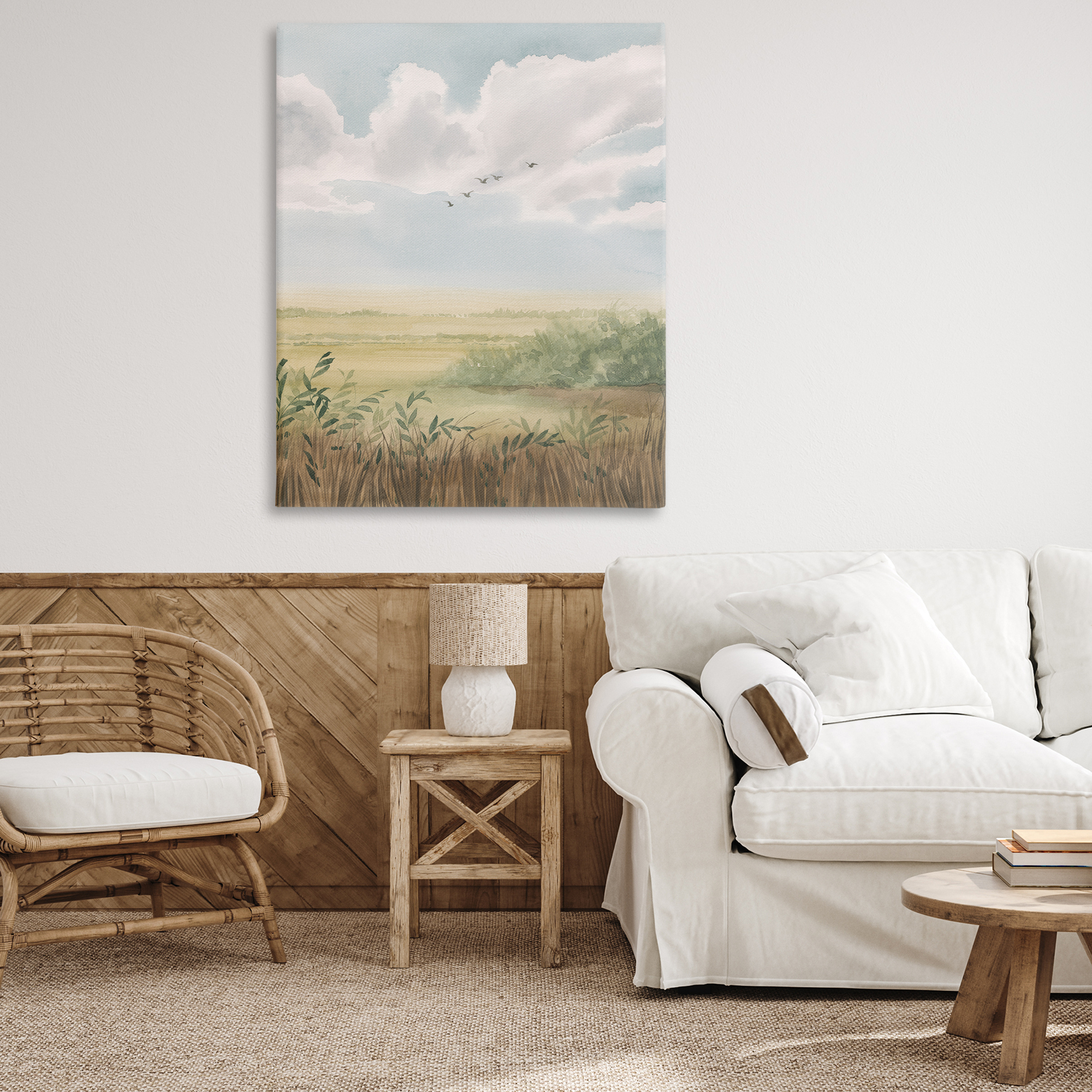 Stupell Industries Birds Flying over Countryside Landscape & Nature Painting Wrapped Canvas Art Print Wall Art, 36 x 48