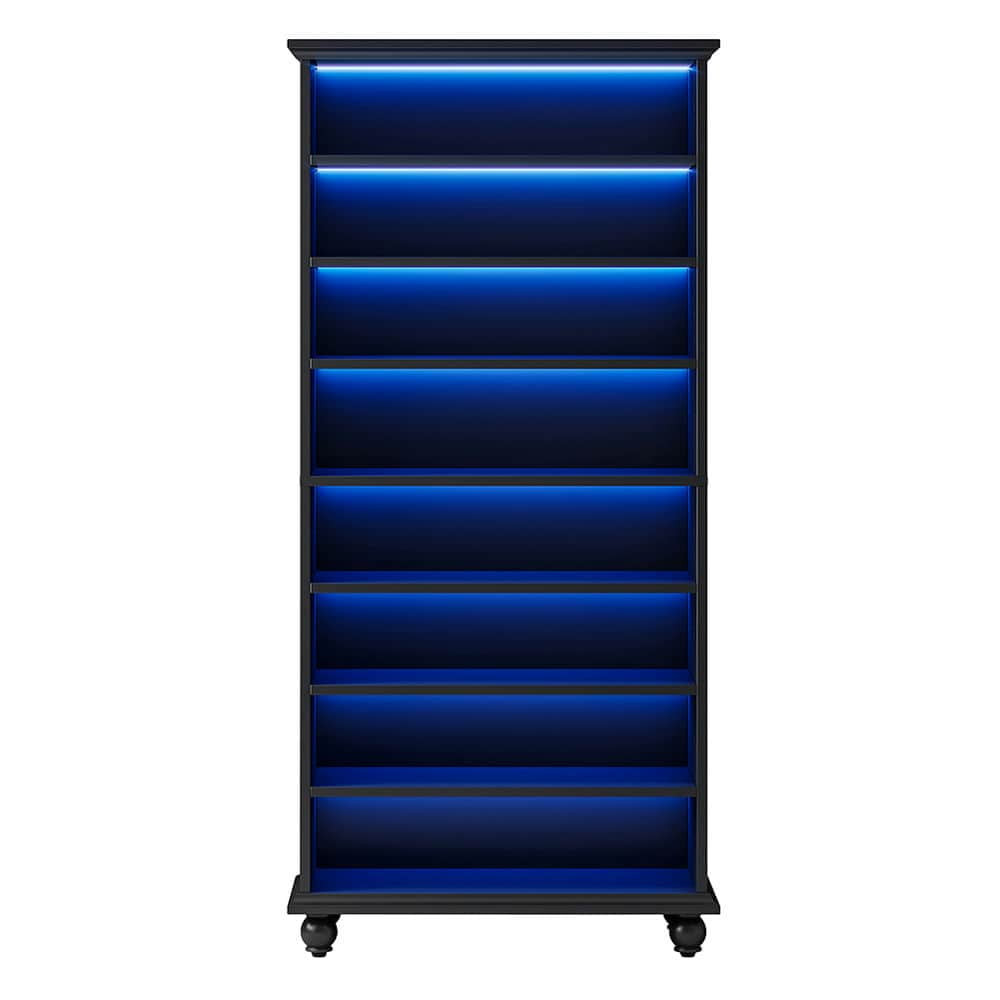 Spaco 9-Tier Bookcase Wood Bookshelf, Sturdy Bookcase with LED Lighting & Solid Wood Legs for Indoor as Home, Black