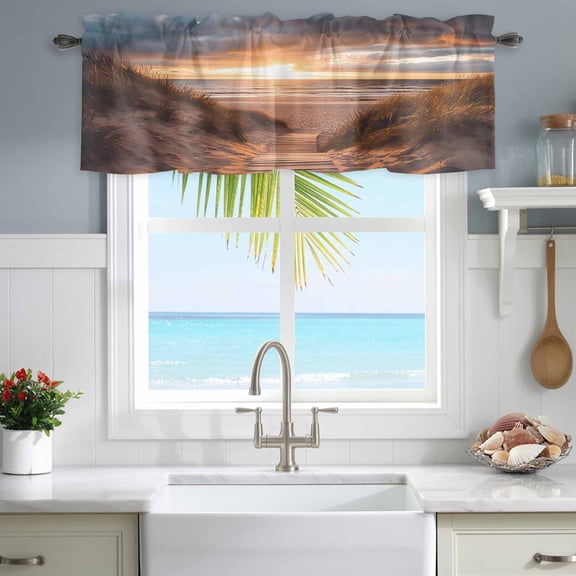 Valances for Windows Summer Seaside Beach Sunset Boardwalk Rod Pocket Short Curtain for Bathroom Living Room Bedroom Ocean Water 1 Panel 54x18in
