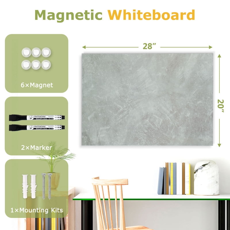 Frameless Magnetic Whiteboard Dry Erase White Board 28"x20" Decorative White Board for Wall with Concrete Pattern White Board for Home Office Decor, Bedroom, Kitchen, Classroom with Accessories