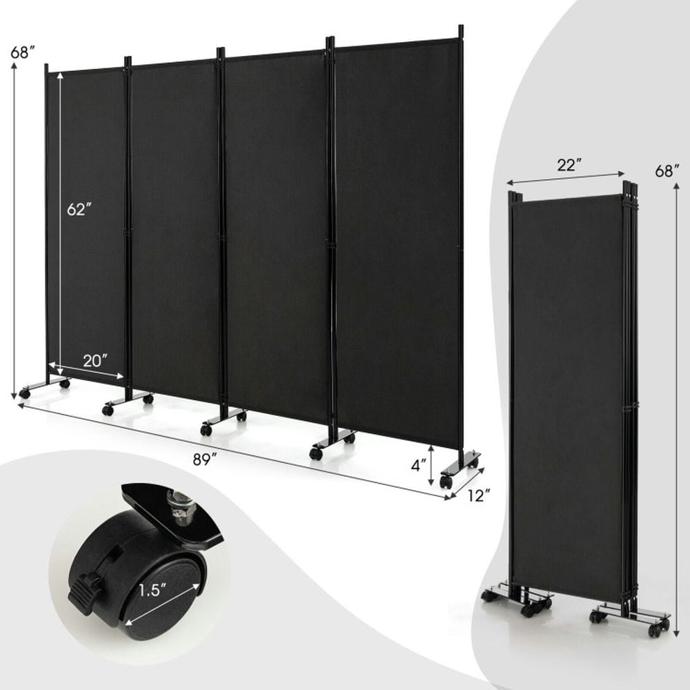 Resenkos Room Separator, Room Divider Panel,4-Panel Folding Room Divider 6 Feet Rolling Privacy Screen with Lockable Wheels-Black
