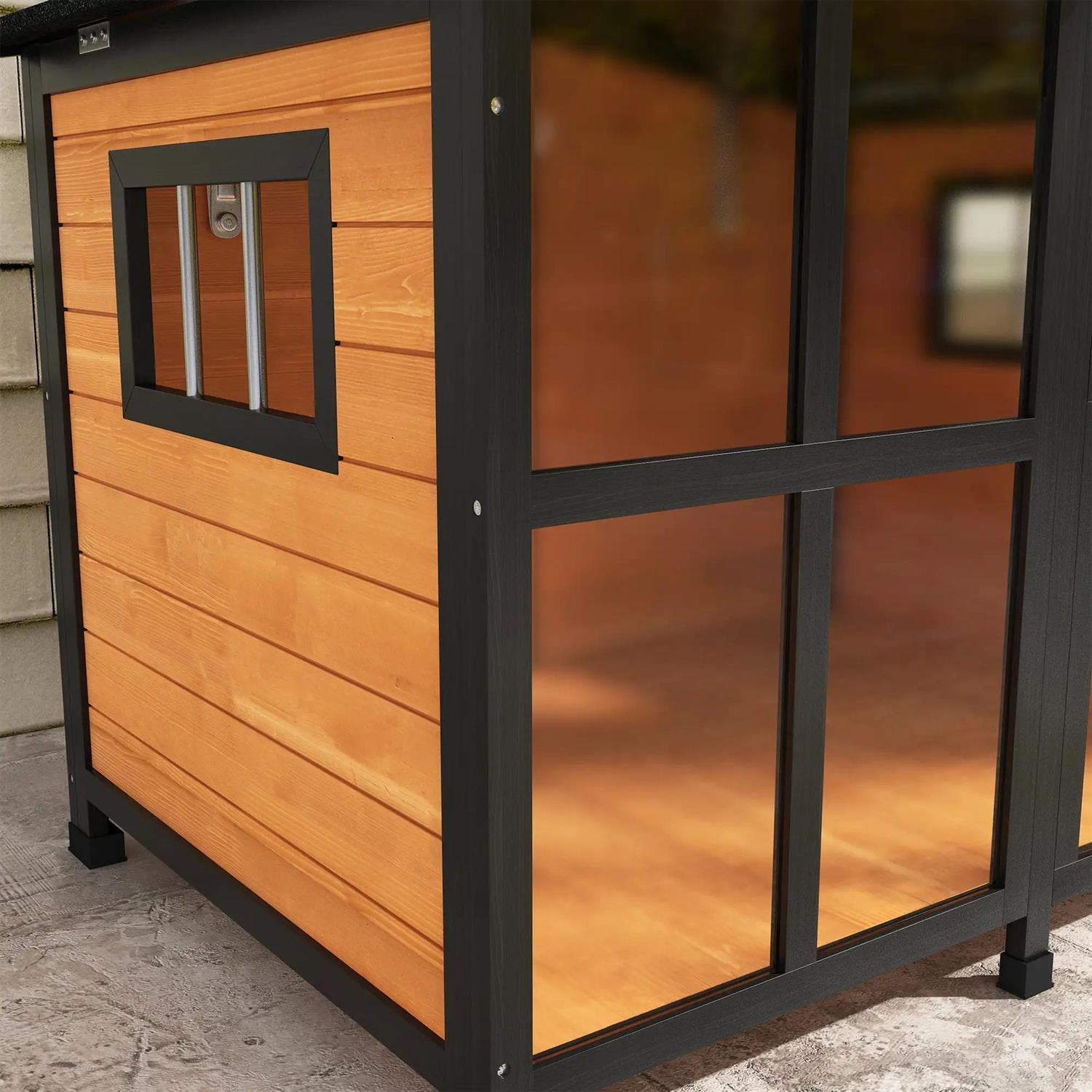 Pefilos 42" Outdoor Cabin Style Dog House with Openable Roof & Giant Window, Wooden Dog Kennel Weatherproof for Small to Large Dogs, Yellow