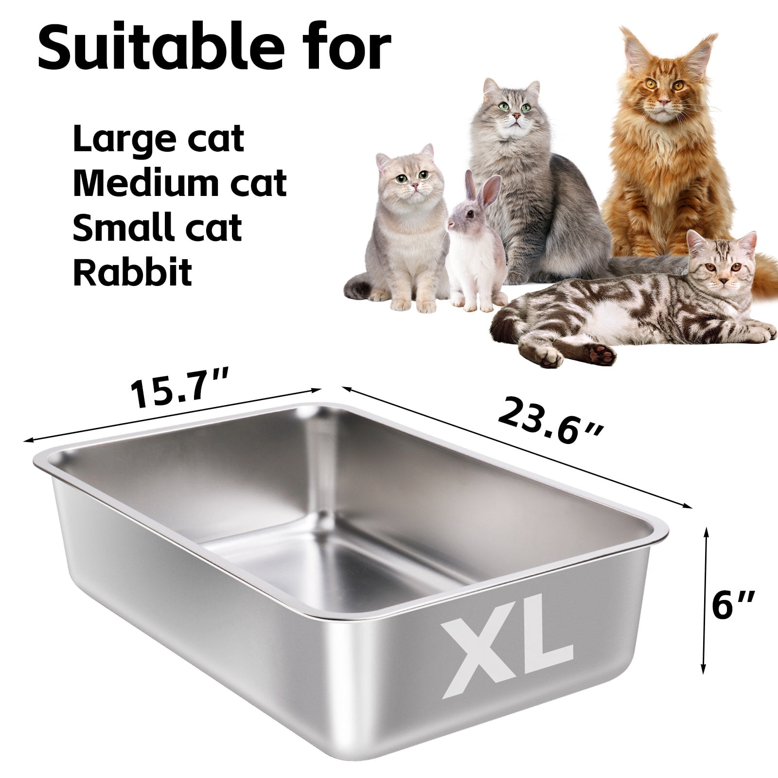 Nyutu Stainless Steel Cat Litter Box 2 Pack,XL Metal Litter Box, Litterbox Pet Toilet Easy to Clean,6" Litters Boxes Adult Big Cats,Non Stick/Smell
