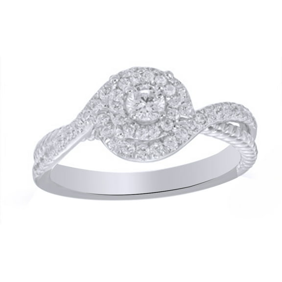 Round Cut White Natural Diamond Double Swirl Frame Engagement Ring in 10k White Gold (0.33 Cttw)