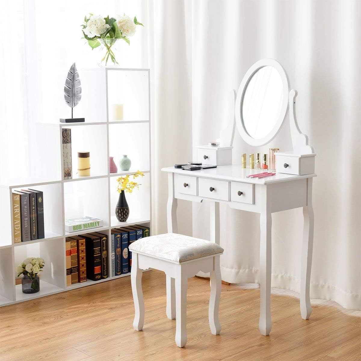 Gymax Vanity Dressing Desk Makeup Table Stool W/ 5 Storage Drawers White