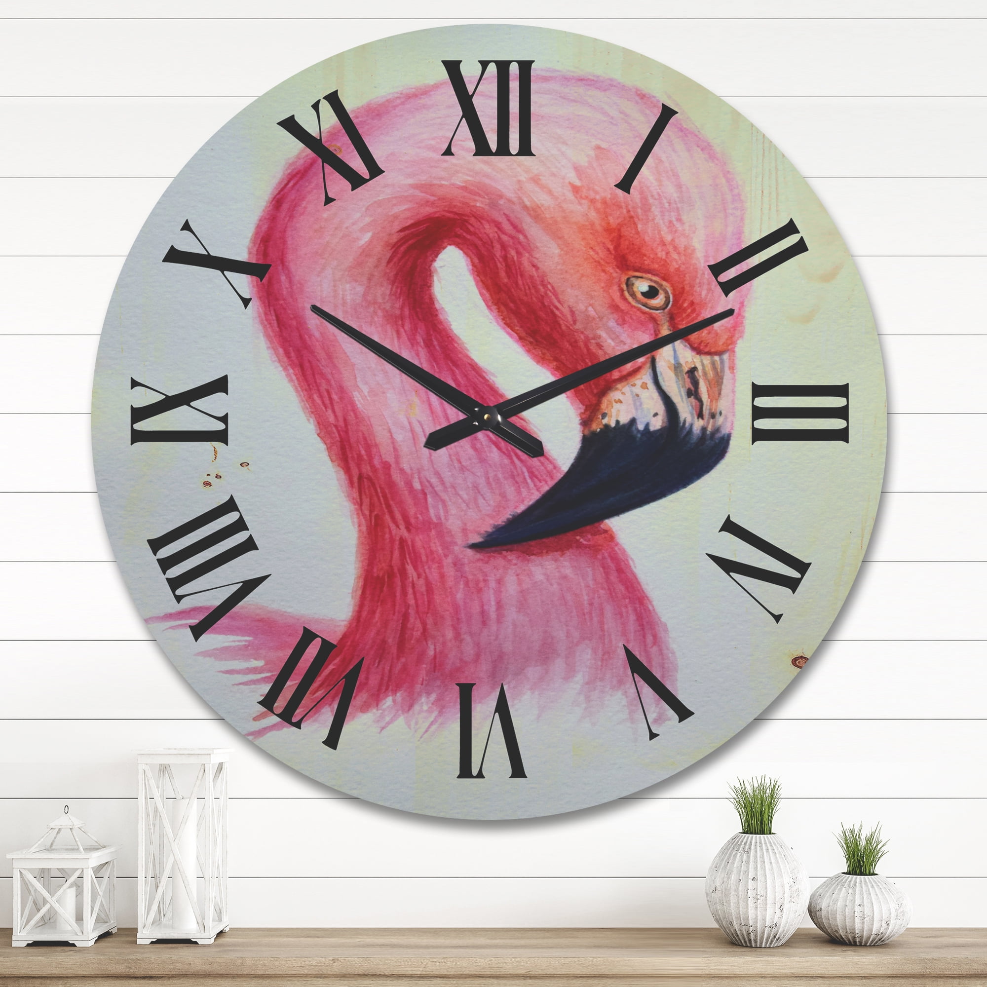 Designart 'Abstract Portrait of Pink Flamingo IV' Farmhouse Wood Wall Clock