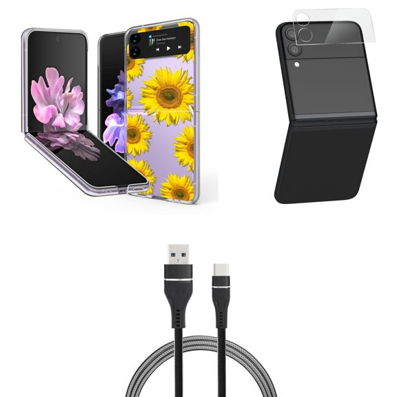 Bemz Premium Bundle for Samsung Galaxy Z Flip 3 5G: Slim Snap-On Protector Case (Sunflowers), Rear Camera Glass Protector, Nylon Braided USB-C to USB-A Cable (3 Feet)