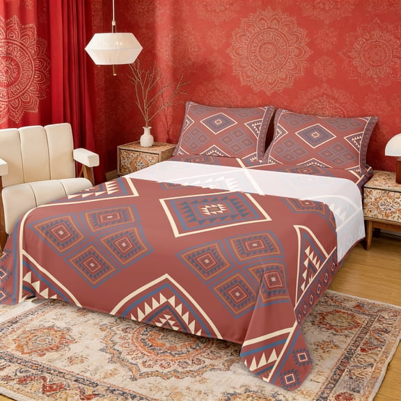 Erosebridal Aztec Aesthetic Full Size Sheets, Red Bed Sheets, 4-Piece 1 Flat Sheet, 1 Fitted Sheet and 2 Pillowcases