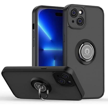 For Apple iPhone 15 Shock Proof Ring Case, Kickstand Rugged Phone Cover Armor Style, Impact-Resistant, Shock Absorbing Compatible for iPhone 15, Black