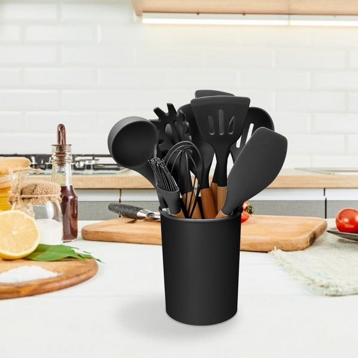 11Pcs Silicone Cooking Utensil Set Heat Resist Wooden Handle Silicone Spatula Ladle Spaghetti Server Tongs Spoon Egg whisk Kitchenware Set w/ Holder Black