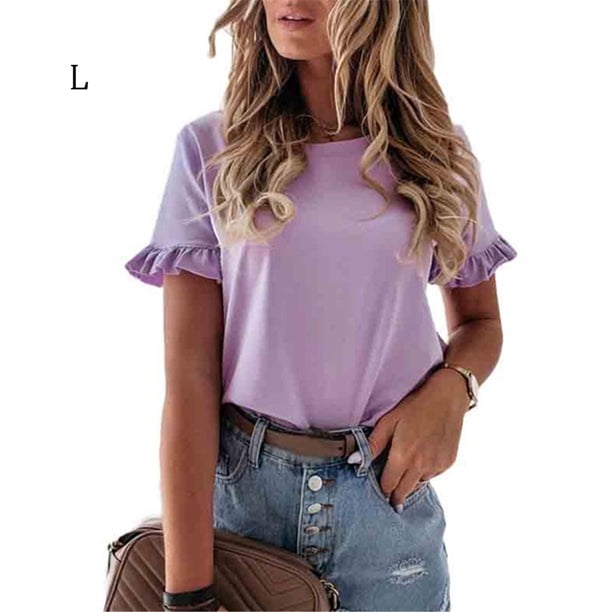 Sonducket Camiseta de mujer Cuello Top de verano Manga corta Algodón Chica Paño Prendas para la parte del cuerpo Púrpura L