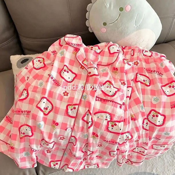 Sanrio-Conjunto de pijama de Hello Kitty para niña, ropa de casa sencilla de dibujos animados japoneses, pantalones de manga larga, primavera y otoño