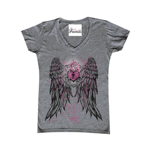 Mom's Favorite - Womens Angel Wings Heart V-Neck T-Shirt - Walmart.com ...