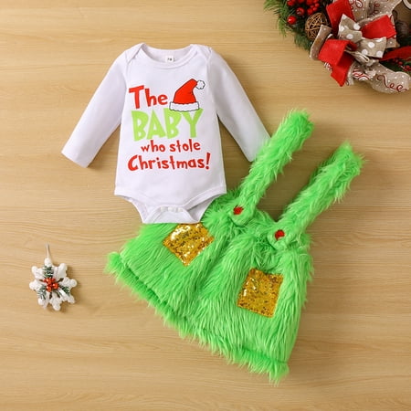 

Christmas Grinch Romper Baby girl Children s dress Baby Christmas dress Newborn dress Long two-piece romper